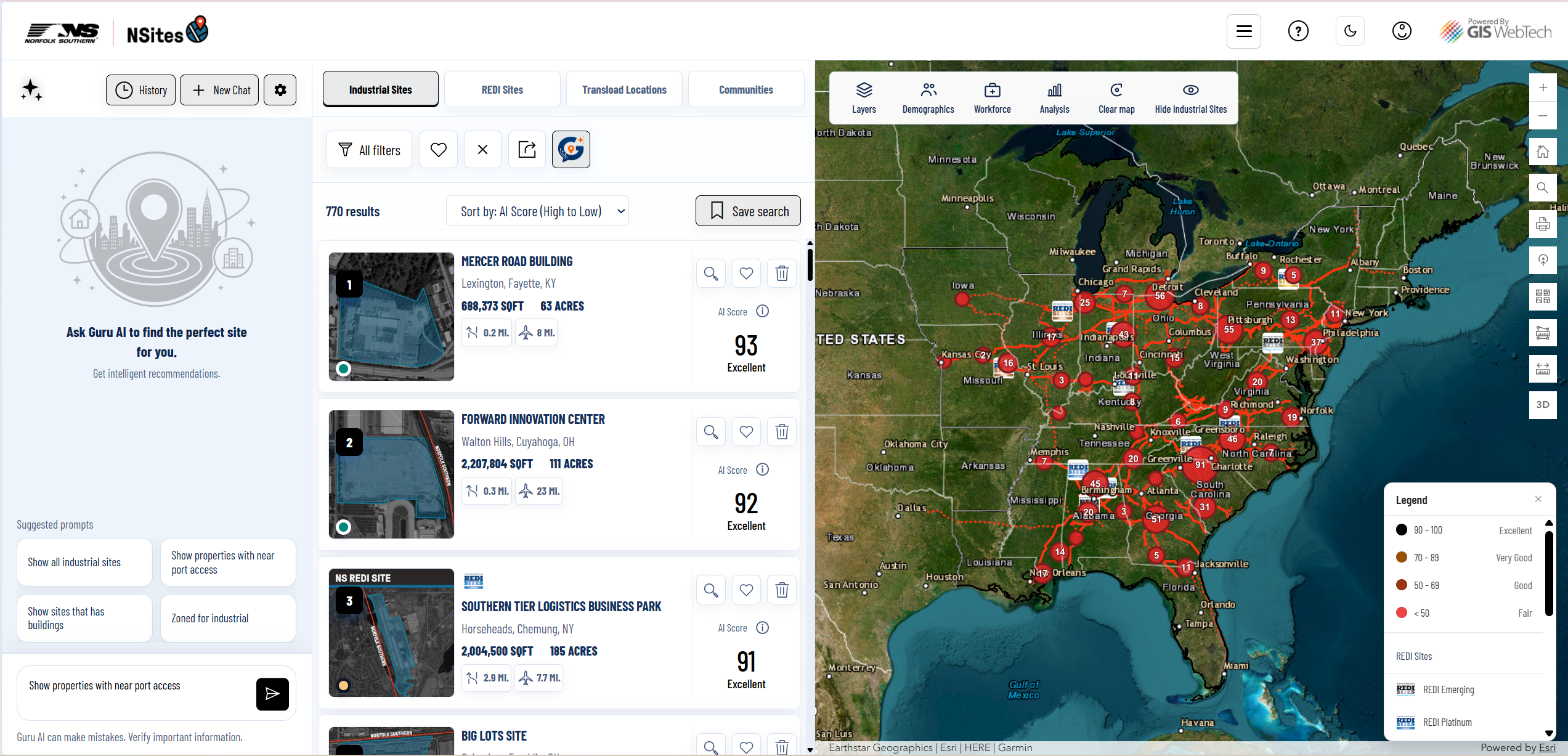 GURU NextGen property search interface and interactive location map